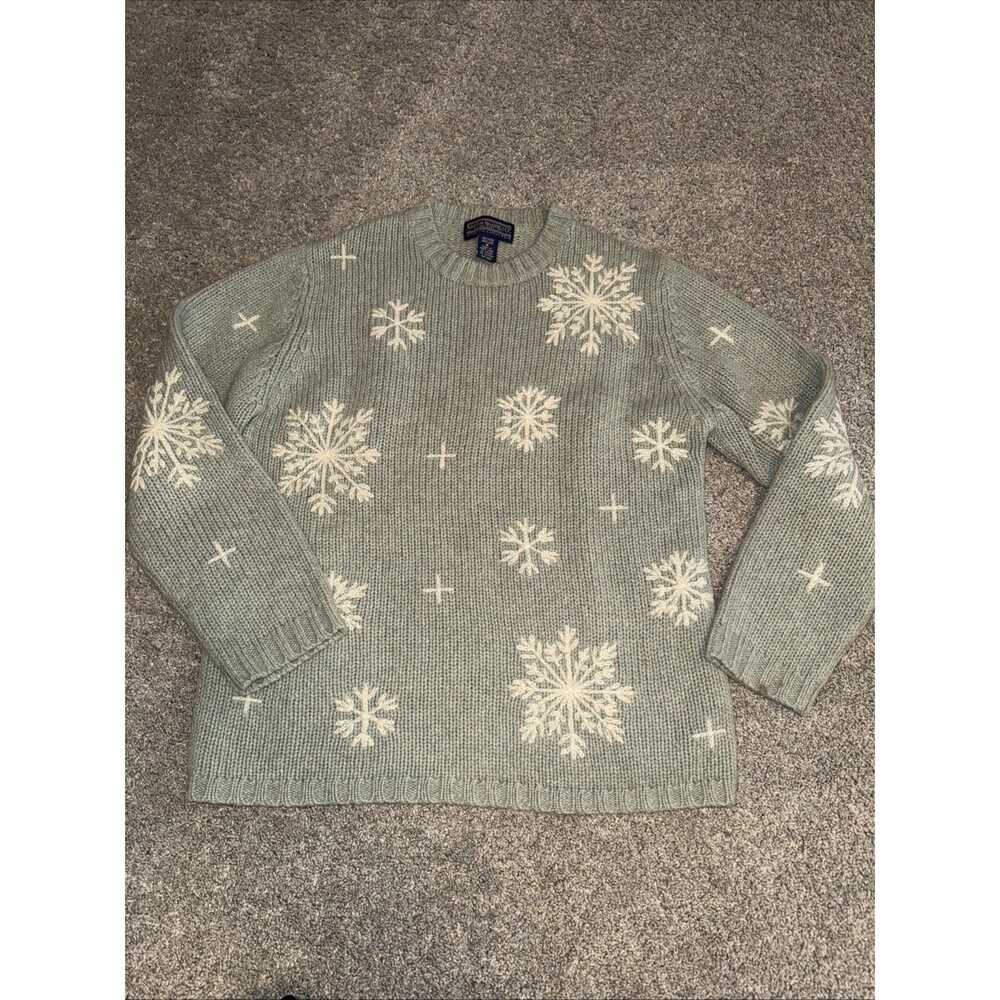 Women's Vtg Newton Trading Co 100% Shetland Wool Sweater Med Green Snow Flakes